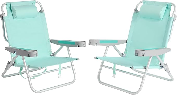SUNNYFEEL Extra Wide Low Beach Chair 2 Pack 5 Position Lay, XL Oversized Portable Folding Camping Chairs with Cup Holder for Outdoor/Sand, Foldable Backpack Beach Chair for Adults Heavy Duty 500 LBS