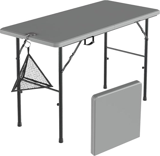 VECELO Folding Table 4 Foot with Mesh Bag, Indoor Outdoor Heavy-Duty Portable w/Handle,Fold-in-Half for Picnic, Party, Camping, Light Grey