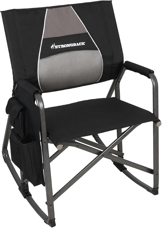 STRONGBACK Outdoor Chair Director Portable Camping Chair with Lumbar Support - Cupholder &Pocket Included - Heavy-Duty Foldable Chair - Rocker/Black