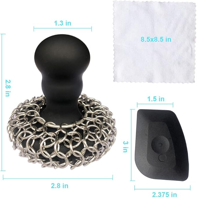 316 Upgraded Chainmail Scrubber with Silicone Handle Cast Iron Cleaner for Cast Iron Grill Pan Skillet Wok Bakeware Ergonomic to Hold Easy to Use Dishwasher Safe, Scrubber + Scraper + Towel (Black)