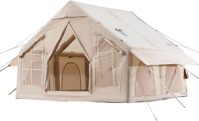 VEVOR Inflatable Tents for Camping, Easy Setup Blow up Tent with Hand Pump, 4 Season Glamping Tent with Stove Jack, Doors & Mesh Windows, Storage Bag Included for Easy Taking