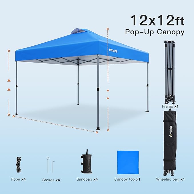 Amada 12x12 Pop Up Canopy - Center Lock One Push Instant Setup Gazebo Outdoor Canopy Beach Tent with STO-N-Go Bag 8 Stakes & 4 Sand Bags, 3-Height Adjustable Shade Shelter (12x12ft, Blue)