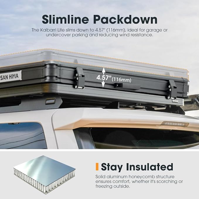 Sanhima Rooftop Tent Hard Shell - Hotham Lite Overland Aluminium Roof Top Tent 4.56" Slimline, w/Tri-Color LED Strip Light & 1.97” Thick Mattress, for Car SUV Truck Camping, 2-3 People