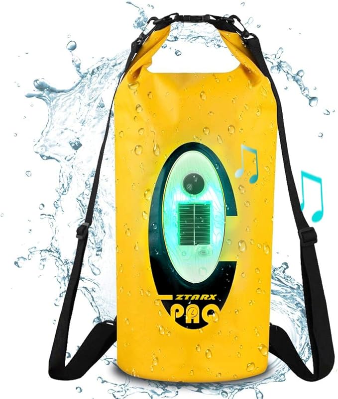Solar Dry Bag Backpack 10L,Built-in Bluetooth Speaker & LED(4 Lighting Modes),Solar or USB Rechargeable,IP66 Waterproof Floating for Camping, Kayaking, Hiking & Outdoor Adventures