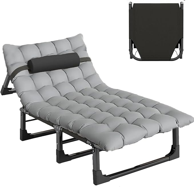 Portable Folding Camping Cot, Adjustable 4-Position Adults Reclining Folding Camping Cot Sleeping Bed Cots for Office Pool Beach Patio Camping Lawn Outside (Gray)