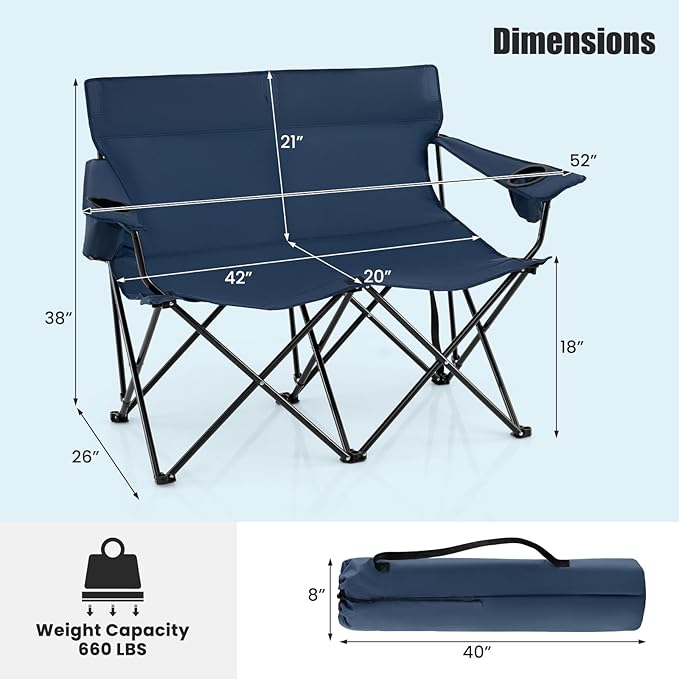 Goplus Double Camping Chair, Oversized Heavy Duty Camping Loveseat for Adults, Portable Folding 2 Person Camping Chair with Cup Holder for Outdoor Lawn Beach Backyard