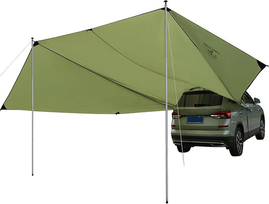 REDACMP 19ft x17ft Large Car Awning Tarp with 2 Poles & 2 Suction Cup Hooks, Waterproof Camping Tarp Hammock Rain Fly with UV Protection Sun Shelter for SUV,Van,Overland Camping,Tailgate Canopy,Green