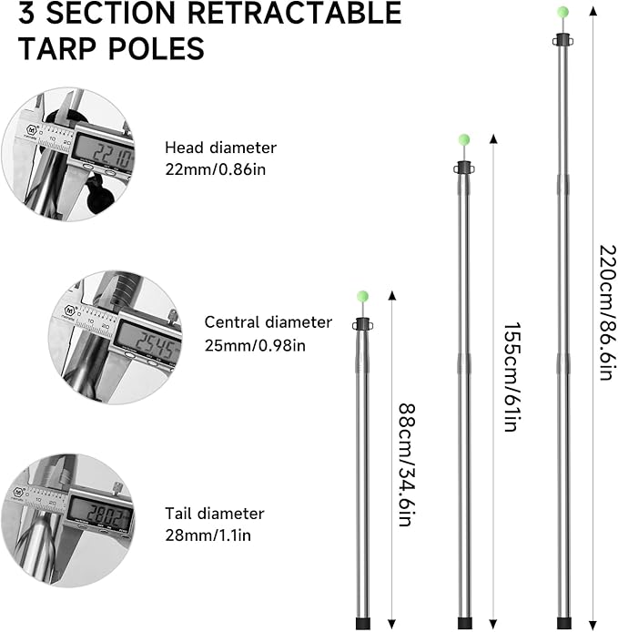 KOMCLUB Telescoping Tent Tarp Pole Adjustable Tarp Poles 3 Section Heavy Duty Canopy Poles Stainless Steel Portable Camping Poles 33"-86.61" for Hiking Car Canopy Awning 2Pcs Set (Silver)