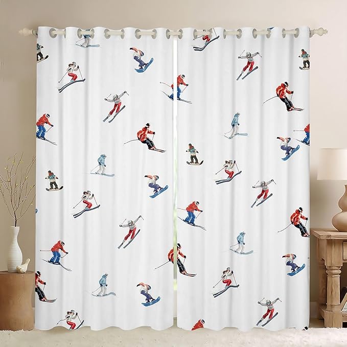 Manfei Skiing Blackout Curtains,Ski Winter Extreme Sport Competition Window Drapes,Snowboarding Modern Fashion Nursery Bedroom Playroom Decor,White 2 Panels,42Wx63L inch