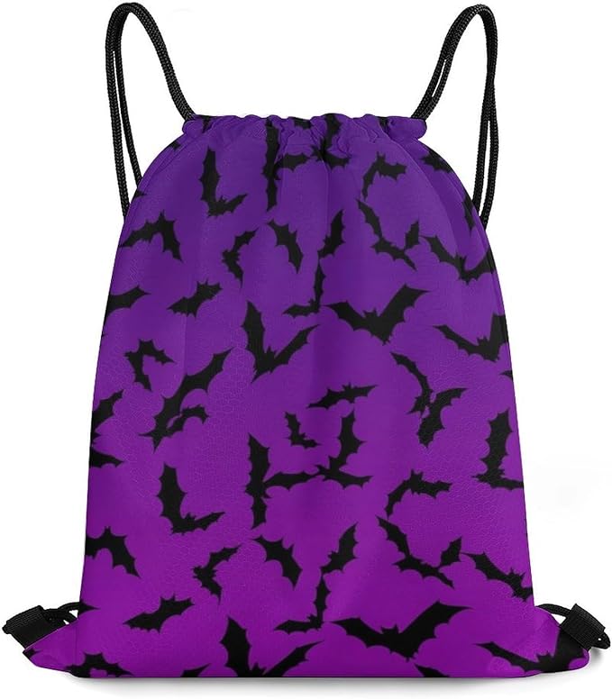 Waterproof Drawstring Bag Gym Sack Sports Backpack for Hiking Swimming Beach Yoga Gear Lightweight Unisex, Happy Halloween Bat Black Bats Purple Bags