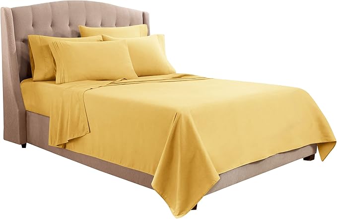 Clara Clark Flex Top King Sheets, 6 Piece Set - Hotel Luxury Sheets for Top Split King Bed, Super Soft Bedding Set, Head Split King Mellow Yellow
