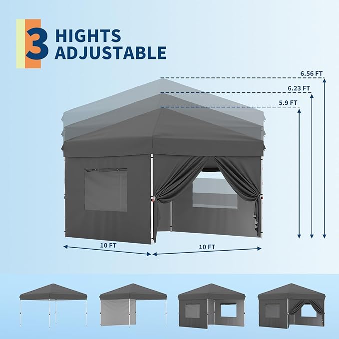10x10 Pop Up Canopy Tent Outdoor Canopy with 4 Removable Sidewalls One-Person Set Up Heavy Duty Commercial Instant Tent Shelter-Gray
