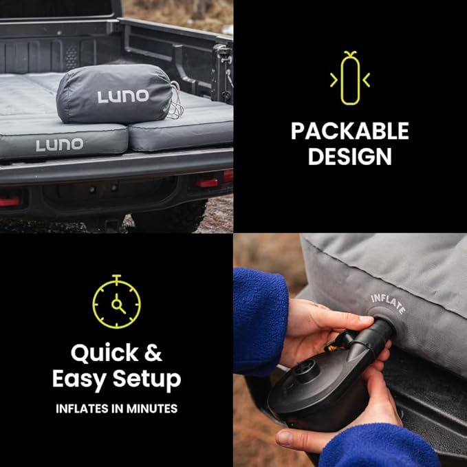 Luno AIR 6ft Truck Bed Mattress Car Camping - Tailored 2nd & 3rd Gen Tacoma Support | Sleeps 2 People up to 6ft Tall
