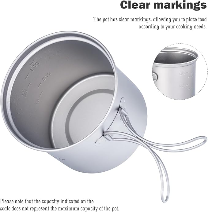 iBasingo Backpacking Cookset Titanium Camping Pots Set Ultralight Outdoor Picnic Pots Pans with Folding Handle Druable Portable Cooking Mess Kit Compact Picnic Dishes Bowls Cups (Multiple Sizes)