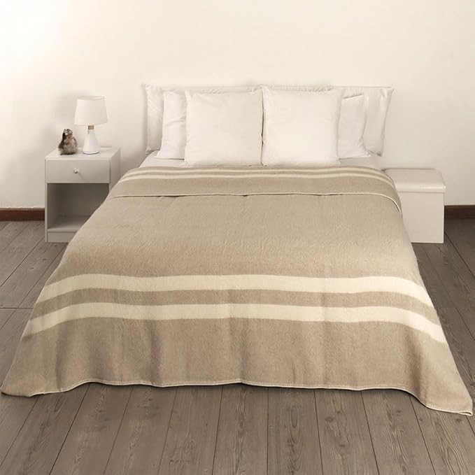 Thick Alpaca Wool Blanket Queen Size Heavyweight for Camping Outdoors or Using Indoors | Soft Peruvian Alpaca Wool Blankets (Beige - Ivory Stripes 2, Queen)