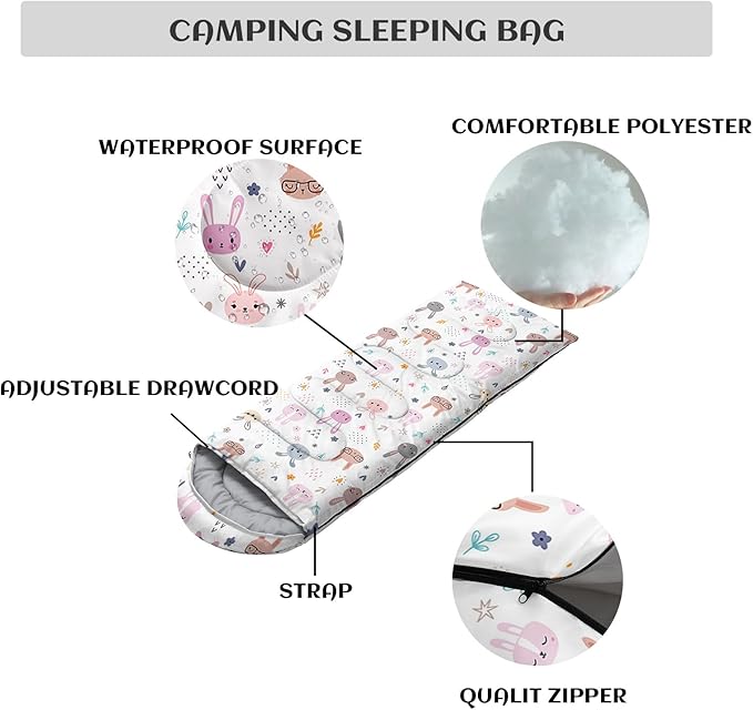 Sleeping Bags for Adults and Kids，3D Printing Camping Sleeping Bag for Girls Boys Lightweight Waterproof Cold/Warm 3-Season，Outdoor Travel with Compression Bags