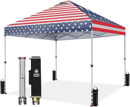 CROWN SHADES 10x10 Pop Up Canopy - Beach Tent with One Push Setup - Easy Outdoor Sun Shade for Events, Parties, Camping - Gazebo with STO-N-Go Cover Bag, Silver Coated Top, American Flag