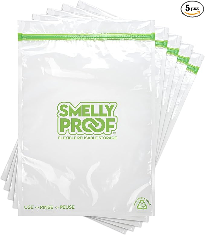 Smelly Proof Reusable Food Storage Bags, Reusable Freezer Bags, MADE IN USA, Dishwasher-Safe, BPA FREE, NO PEVA, 3-mil Thick Bags Extra Large+ Clear Flat 2-Gallon 12” x 16”, 5-Pack