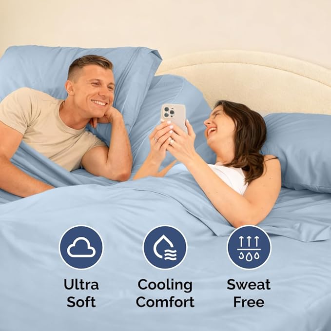 Flex Top Split Head King 4 Piece Sheet Set - Comfy Breathable & Cooling Bed Sheets Set - Hotel Luxury Bedding for Women, Men, Kids, Teens, Boys & Girls - Deep Pockets, Ultra-Soft - Oeko-Tex - Sky Blue