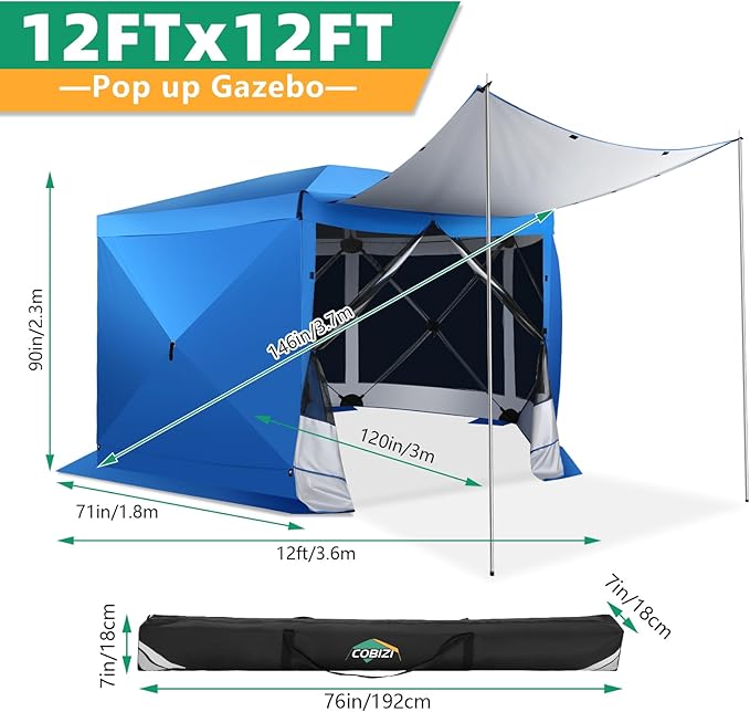 COBIZI Pop Up Gazebo Screen Tent Screen House for Camping, 12x12 Screen Room with Mosquito Netting, Hub Tent Instant Screened Canopy with Carrying Bag and Ground Stakes, Blue