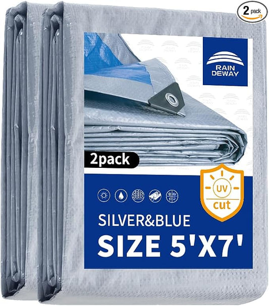 RAINDEWAY Small Tarps 5x7 Feet (2 Pack), 5.5 Mil Thick, Multipurpose Waterproof Poly Tarp Cover with Metal Grommets and Reinforced Edges, Silver/Blue Tarp