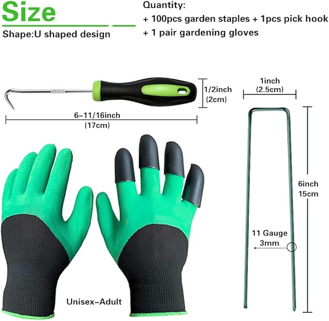 Bakulyor 100Pcs Green Landscape Staples 6 Inch Garden Artificial Turf Stakes Staples, 11 Gauge Lawn Galvanized Ground Fabric Pins for Weed Barrier Sod Decorations Holding Fence and Irrigation Tubing