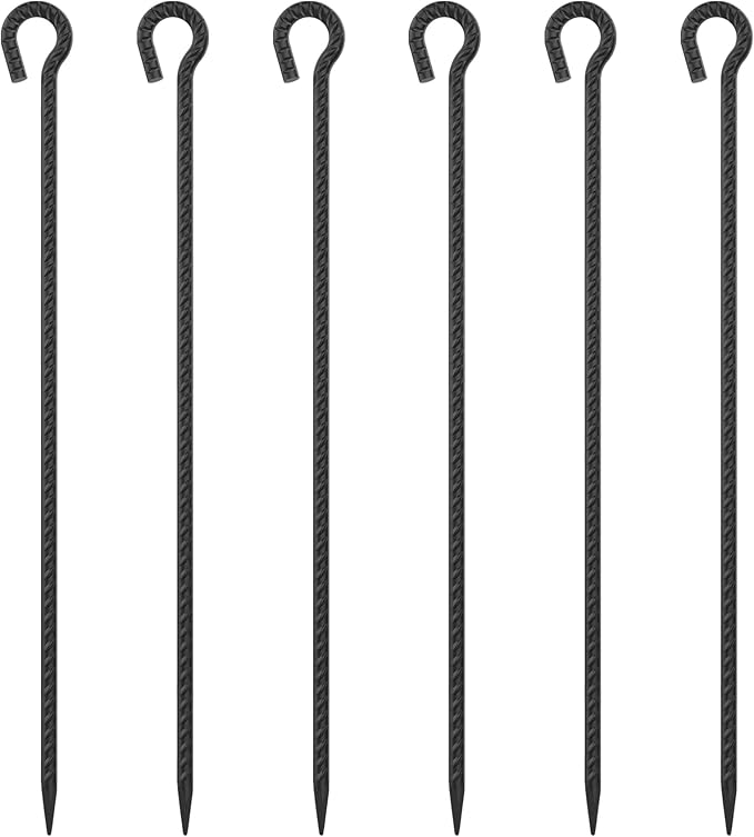 30 Inch Rebar Stakes Heavy Duty 6 Pack Tent Stakes with Loop 1/2 Inch Diameter Tarp Pegs Tree Stakes and Supports Ground Anchors Garden Rope Fence Stakes for Outdoor Camping and Yard, Black