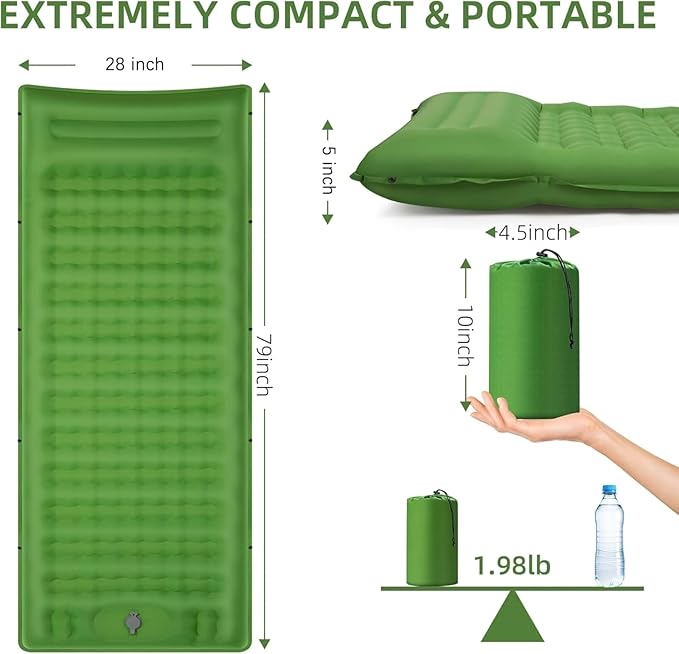 Compact Backpacking Sleeping Mat with 5-Inch Thickness and Built-in Pillow