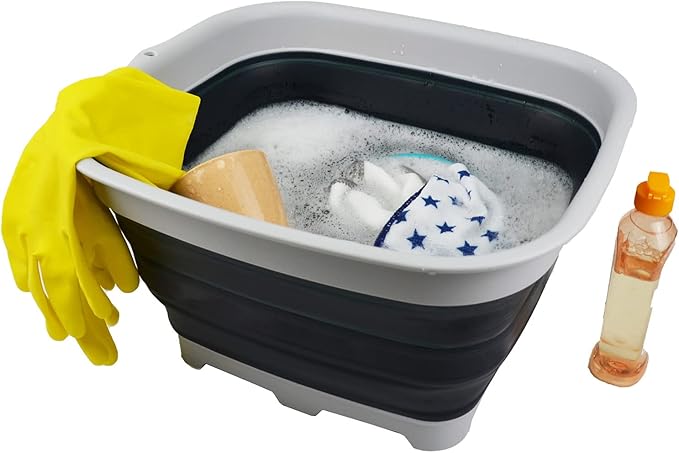 SAMMART 15L (3.9 Gallon) Collapsible Dishpan with Draining Plug - Foldable Washing Basin - Portable Dish Washing Tub - Camping & Space Saving Kitchen Storage Tray (Grey/Slate Grey)