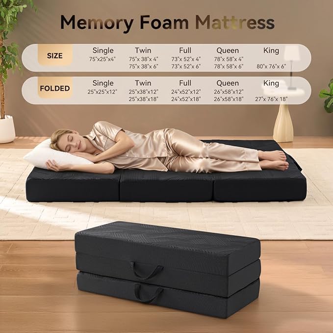 Memory Foam Mattress, Twin Size 6 Inch Tri-Fold Mattress, Handles and Non-Slip Bottom, Mattress Topper with Washable Cover, Foldable Bed for Yoga, Living Room, Camping, 75"x 38" x 6", Black