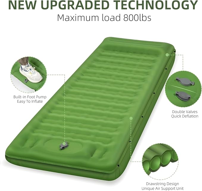 Compact Backpacking Sleeping Mat with 5-Inch Thickness and Built-in Pillow