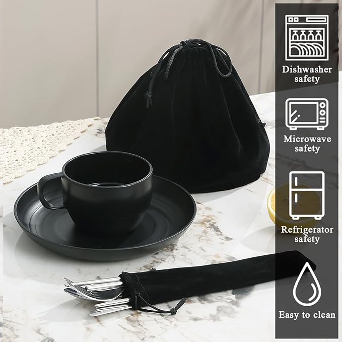 Camping Essentials Set, HOMQUEN Camping Plates and Bowls Set, Coffee Mug, Travel Cutlery Set Include Spoon, Fork, Knife for Work, Outdoor,Picnic, Camp （Black）