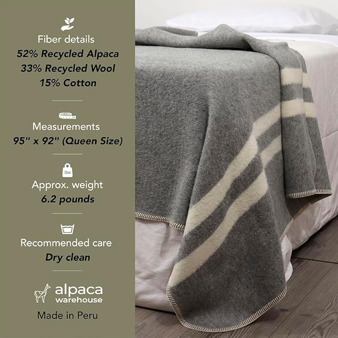 Thick Alpaca Wool Blanket Heavyweight for Camping Outdoors or Using Indoors | Soft Peruvian Alpaca Wool Blankets (Soft Blue - Ivory Stripes 2, Queen)