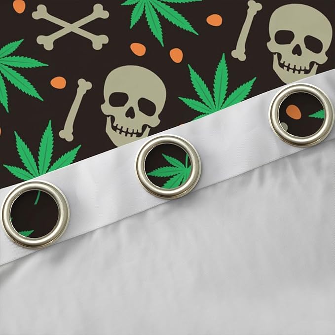 Manfei Gothic Skull Blackout Curtains Green Marijuana Leaf Window Drapes,Cute Skeleton Bones Weed Window Treatments,Kids Boys Girls Room Decor,Grommet Top 2 Panel Set Bedroom Curtains, 52Wx63L inch