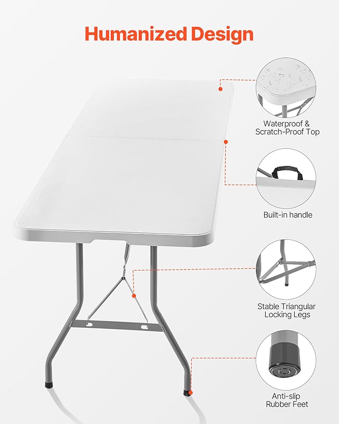 VEVOR Folding Table, 8 Ft Heavy Duty Portable Fold-in-Half Utility Table, Indoor Outdoor Plastic Rectangle Table with Built in Handle, for Party, Dining, Wedding, Events, Picnic, Camping, White
