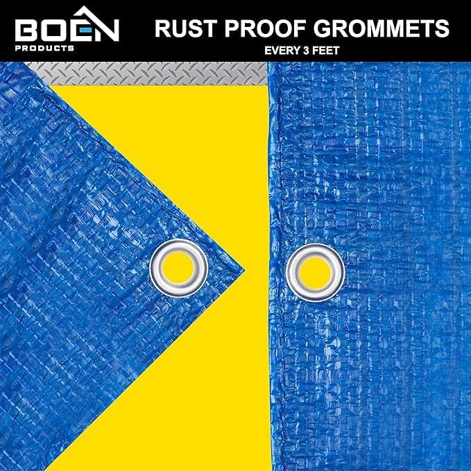 BOEN 5 Mil 20' x 30' Blue Poly Tarp – Waterproof Multi-Purpose Cover for Outdoor Storage, Camping, Construction, Roof Patching & Emergency Shelter – UV-Resistant with Reinforced Grommets