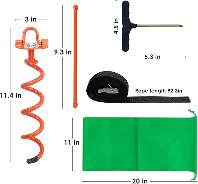 MIXXIDEA 11.4 Inch Gound Anchors Screw in, Metal Spiral Earth Anchors Kit, Heavy Duty Folding Ring Spiral Stake with Straps, Ground Stakes for Tent (Orange, 11.4 Inch with 92in Straps)
