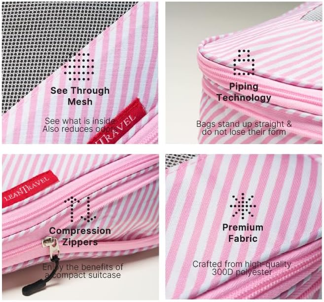 LeanTravel Premium Compression Packing Cubes for Travel - Luggage Organizers with Double Zipper - Sturdy Bags for Suitcase (6-Pack, Pink Stripes)