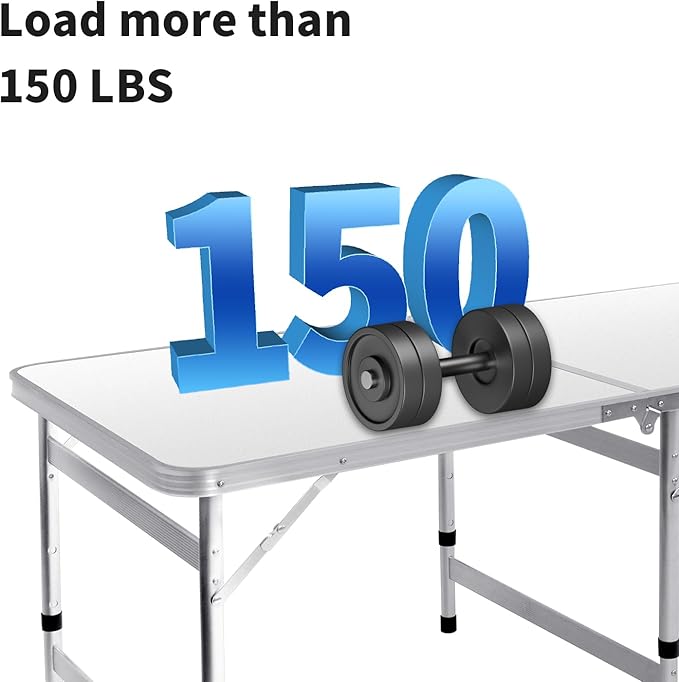Camping Table 6FT Folding Table Large 3 Adjustable Height Portable Picnic Table Camp Aluminum Outdoor Picnic BBQ White