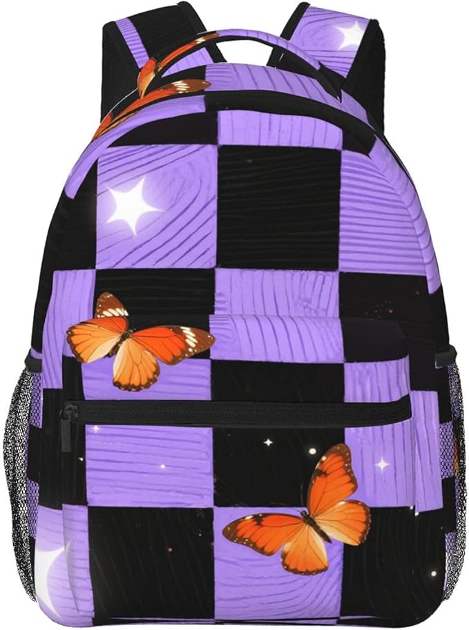 Polyester Daypack Backpack for Climbing Outdoors Running, Big Capacity Multipurpose Anti-Theft Bookbag, Buffalo Plaid Proton Purple Tartan Travel Hiking Camping Rucksack