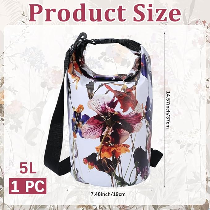 Floating Waterproof Dry Bag Backpack 5L Lightweight Floral Pattern PVC Roll Top Dry Sack Bag for Kayaking Boating Camping Fishing Swimming Beach Rafting Hiking Outdoor Activities