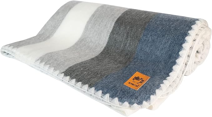 Alpaca Wool Blanket - Queen Size Bed Blanket - Best Gift & Warm Throw, Lightweight, Couch or Camp- Outdoor - 87 x 64 inches (Gray & Blue)