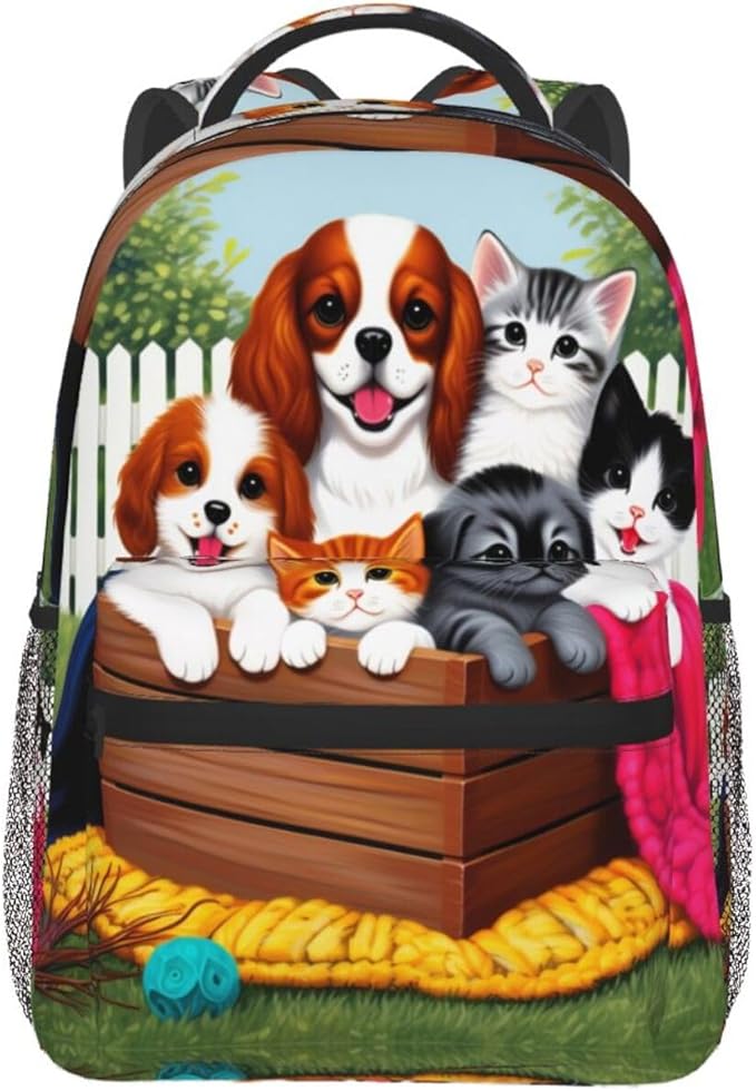 Men Women Lightweight Cute Animals Happy Dogs And Cats Art Backpack Large Capacity Bookbag With Smooth Zippers for Gym Business Running