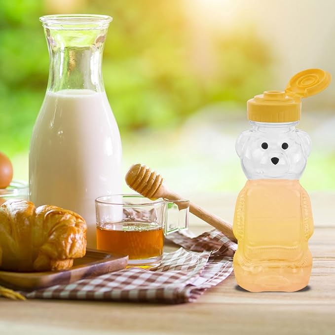 Uonlytech Bear Shaped Juice Bottles Small Plastic Beverage Containers with Caps 8pcs Refillable Honey Bear Bottles for Kitchen Storage and Juice Dispensing