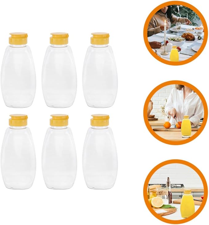 Angoily 6pcs Plastic Honey Squeeze Bottles 500g Capacity Food Storage Jars with Leakproof Flip-top Caps for Kitchen and Tabletop Use