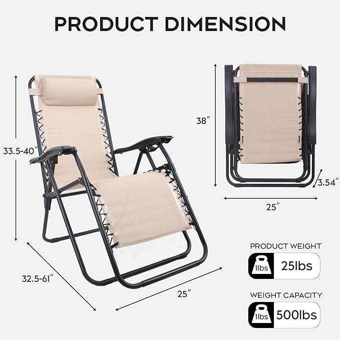 Set of 2 Adjustable Zero Gravity Lounge Chairs Outdoor Recliner w/Cup Holder Tray & Removable Pillows, Ergonomic Reclining Chair for Camping Patio Lawn Balcony (Beige-Brown)