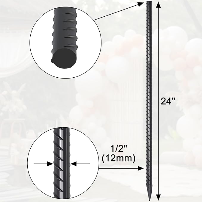 24 Inch Straight Rebar Stakes 16 Pack 1/2 Inch Diameter Metal Stakes for Garden with Chisel Point End Heavy Duty Steel Ground Anchors for Concrete Form, Landscape Timber, Plant Support, Black
