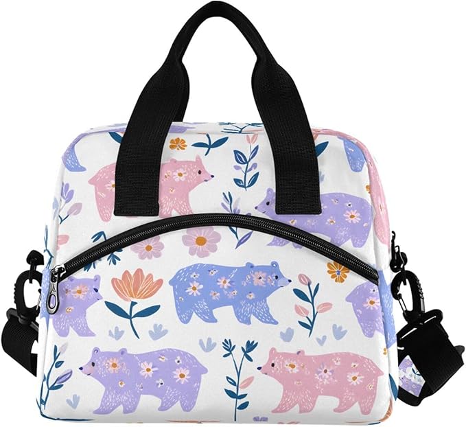 ALAZA Bear Flower Pattern Lunch Box for Men Women Adults Insulated Lunch Bag Cooler Bag with Adjustable Shoulder Strap for Work Picnic Travel