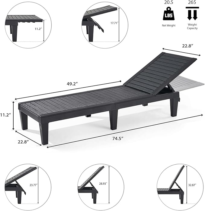 Nestl Patio Chairs - Black Chaise Lounge Chair Outdoor, 5-Position Adjustable Sun Tanning Chair, Waterproof Pool Lounge Chairs Set of 2, Reclining Lawn Chair, Lightweight Outdoor Lounge Chairs