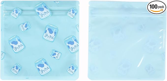 QQ Studio 100 PCS Clear Print Poly Plastic Color Empty Hangover Starter Kit with Resealable Zipper Seal Lock (Japanese Milk, 5.12 inch x 5.12 inch)